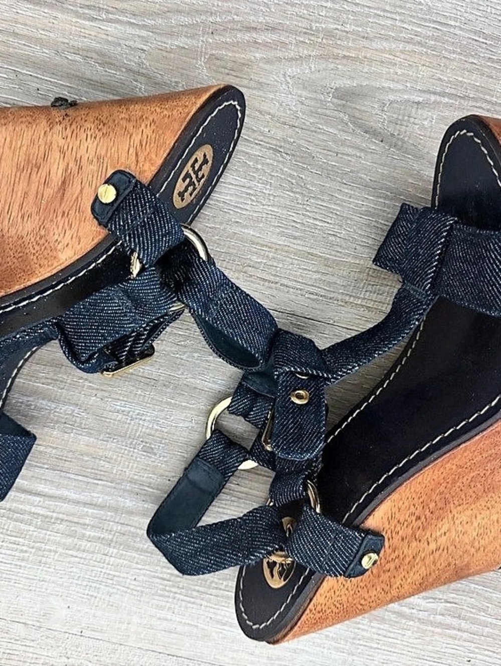 Tory Burch Beckett Denim Wooden Wedge Sandals